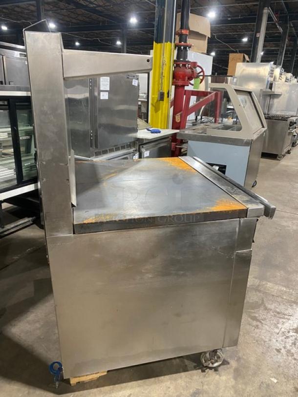 Commercial Stainless Steel Natural Gas Powered 2 Burner French Top Range! With Full Size Oven Underneath! With Back Splash & Overhead Salamander Shelf! With Pan Rail! With Wire Oven Racks! On Casters! - Image 3 of 8