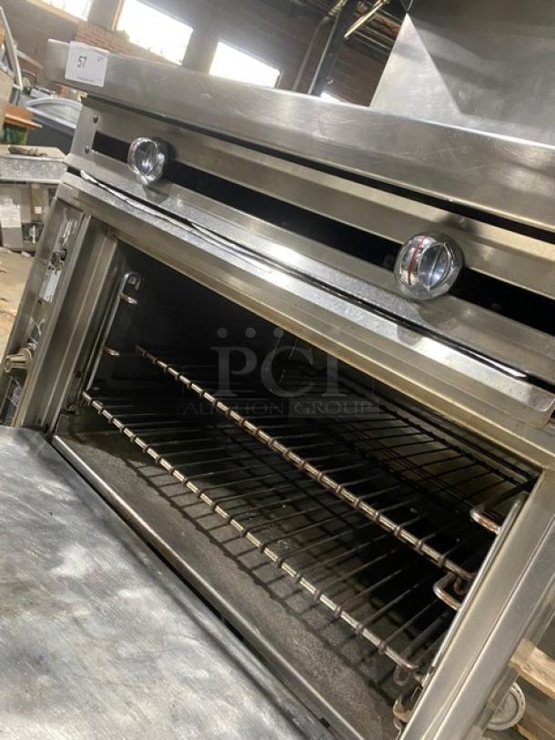 Commercial Stainless Steel Natural Gas Powered 2 Burner French Top Range! With Full Size Oven Underneath! With Back Splash & Overhead Salamander Shelf! With Pan Rail! With Wire Oven Racks! On Casters! - Image 6 of 8