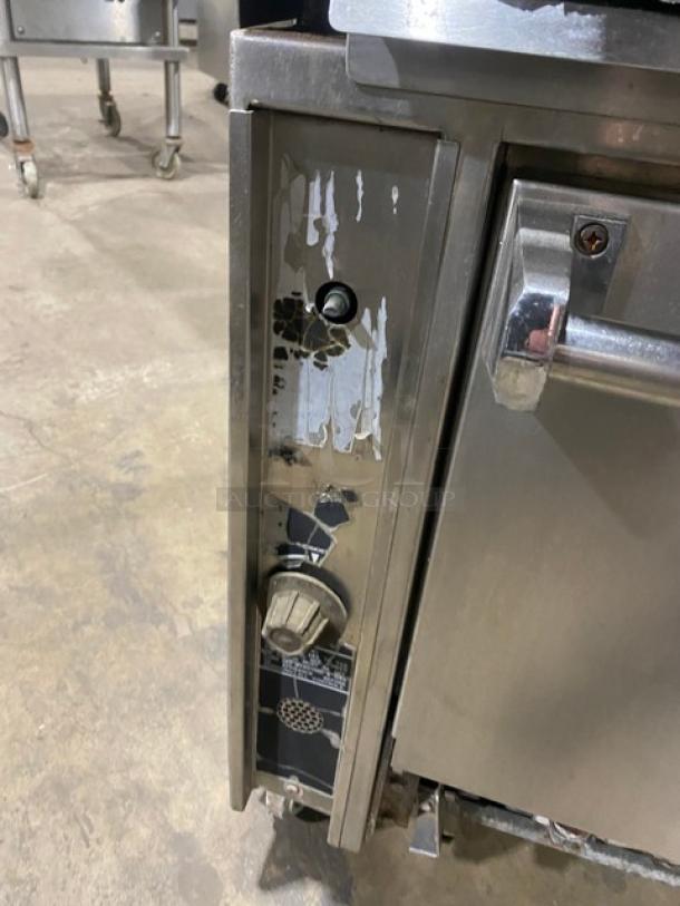 Commercial Stainless Steel Natural Gas Powered 2 Burner French Top Range! With Full Size Oven Underneath! With Back Splash & Overhead Salamander Shelf! With Pan Rail! With Wire Oven Racks! On Casters! - Image 7 of 8