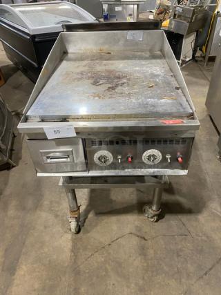 Keating Commercial Stainless Steel Natural Gas Powered Flat Griddle! With Mirror Shine Polished Top! On Single Shelf Stand With Casters! Model: 24X36FLD SN: GG45334!
