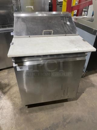 Entree Commercial Stainless Steel Refrigerated Mega Top Pizza Prep Table! With Single Door Refrigerated Storage Underneath! With Poly Coated Wire Shelf! With Full Size Removable Cutting Board!  On Casters! 115V 1 Phase! Model: S29 SN: 1004CONH00315!
