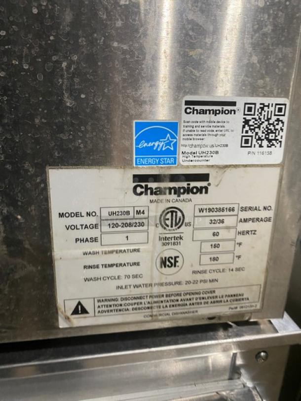 Champion Commercial Stainless Steel Undercounter Heavy Duty High Temperature Dishwasher! With Full Size Peg Rack! 120-208/230V 1 Phase! Model: UH230B M4 SN: W190385166! - Image 8 of 8