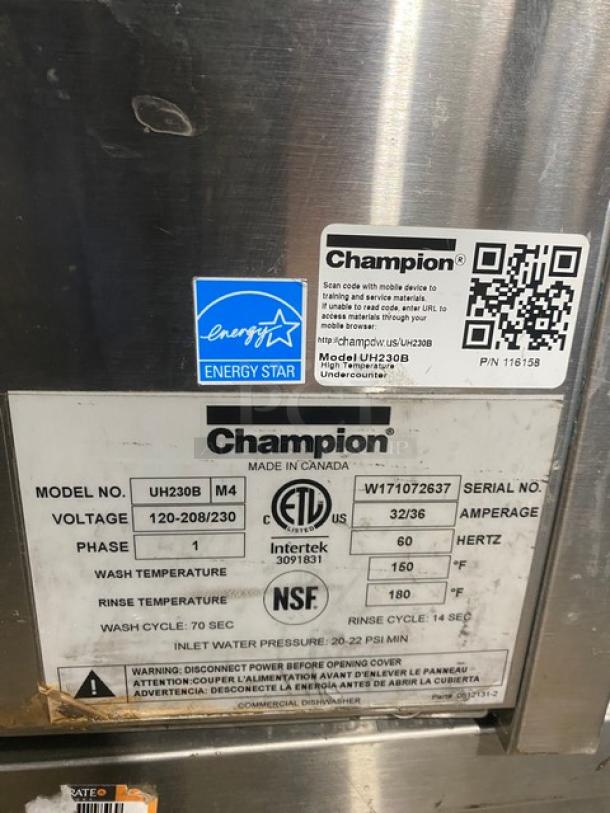 Champion Commercial Stainless Steel Undercounter Heavy Duty High Temperature Dishwasher! With Full Size Peg Rack! 120-208/230V 1 Phase! Model: UH230B SN: W171072637! - Image 8 of 8