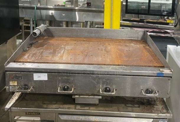 Wolf Commercial Stainless Steel Electric Powered Countertop Griddle! With Thermostatic Controls! On Legs! 208V 3 Phase! Model: WEG48E SN: 650135423! - Image 1 of 8