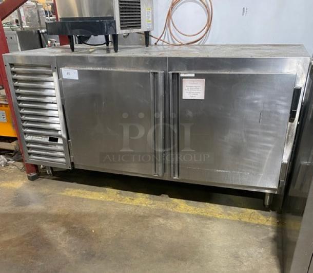 Traulsen Commercial Stainless Steel 2 Door Undercounter Refrigerated Lowboy/Worktop Cooler! With Wire Rack! With Built In Pan Holding Racks! On Legs! 115V 1 Phase! Model: UC2HT SN: T276920J98! - Image 1 of 8