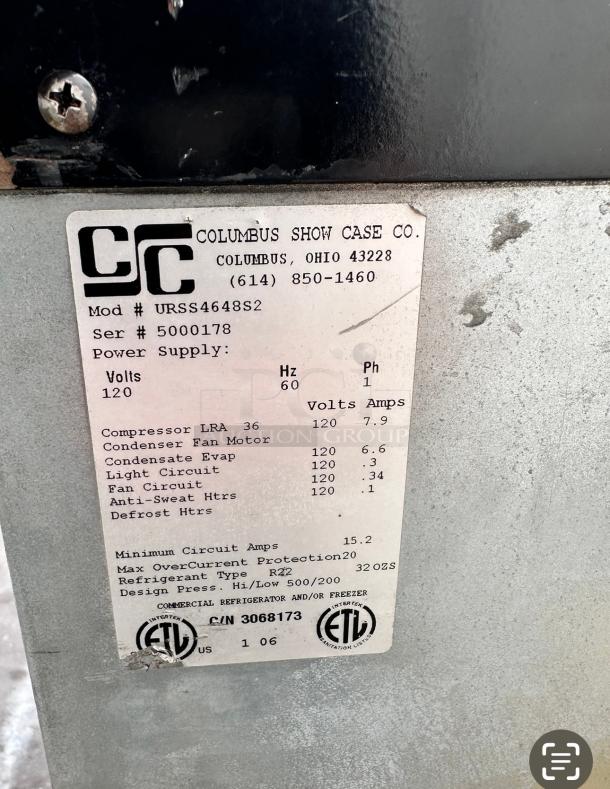 Columbus Show Case Company URSS4648S2 Display Refrigerated Merchandiser 115v Tested and Working! - Image 7 of 9