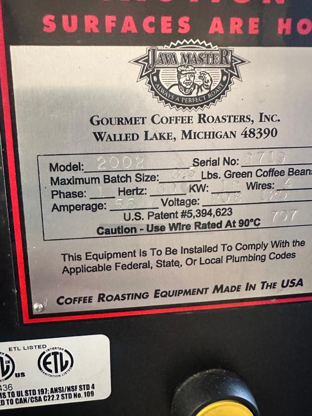 Java Master Model 2002 Commercial Coffee Roaster 220v 1 Phase Tested and Working! - Image 8 of 14