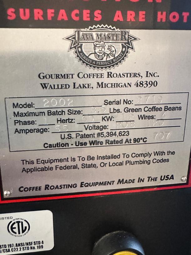 Java Master Model 2002 Commercial Coffee Roaster 220v 1 Phase Tested and Working! - Image 9 of 14