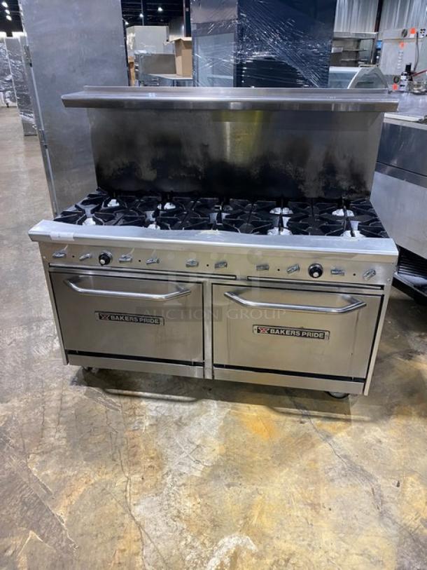 Bakers Pride Commercial Stainless Steel Natural Gas Powered 10 Burner Range! With 2 Full Sized Ovens Underneath! With Back Splash & Overhead Salamander Shelf! With Wire Oven Racks! On Casters! - Image 1 of 9