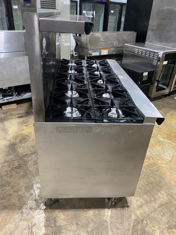 Bakers Pride Commercial Stainless Steel Natural Gas Powered 10 Burner Range! With 2 Full Sized Ovens Underneath! With Back Splash & Overhead Salamander Shelf! With Wire Oven Racks! On Casters! - Image 2 of 9