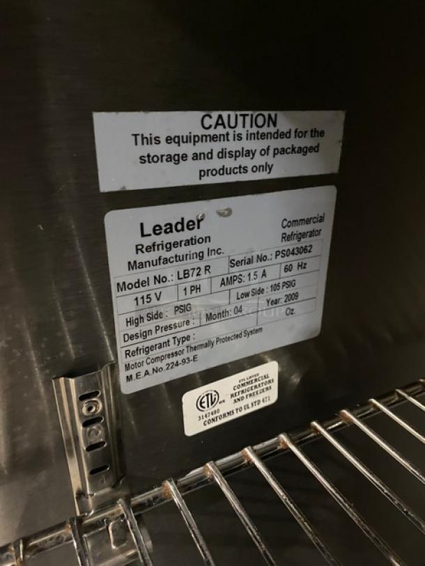 Leader Commercial Stainless Steel Refrigerated 3 Door Low Boy/Worktop Cooler! With Wire Shelves! On Casters! 115V 1 Phase! Model: LB72 R SN: PS043062! - Image 7 of 8