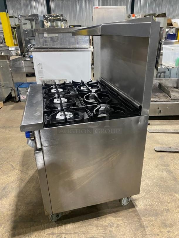 Imperial Commercial Stainless Steel Natural Gas Powered 6 Burner Range! With Full Size Oven Underneath! With Back Splash & Overhead Salamander Shelf! With Wire Oven Racks! On Casters! - Image 2 of 9
