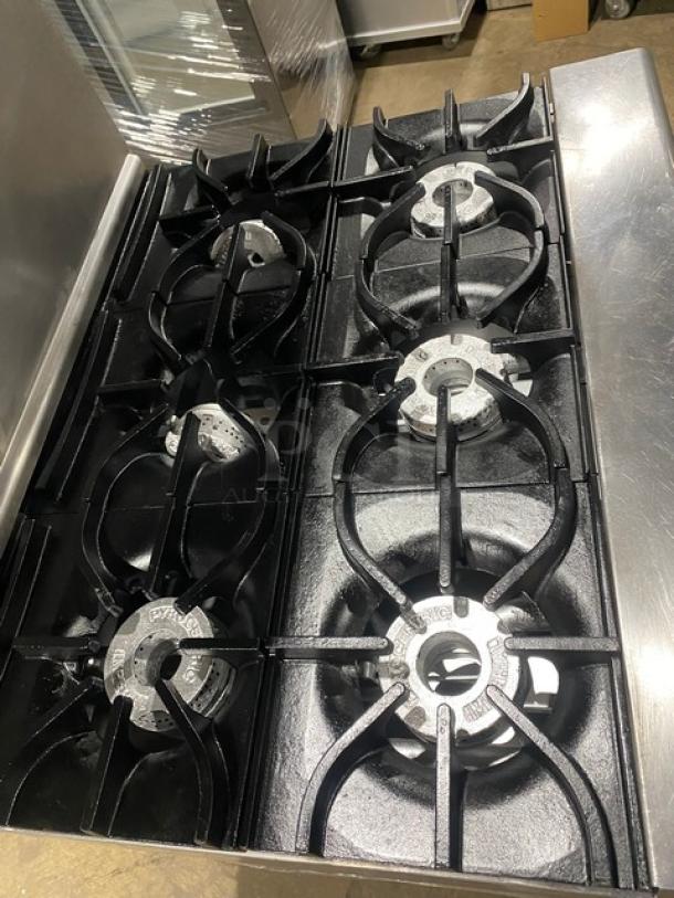 Imperial Commercial Stainless Steel Natural Gas Powered 6 Burner Range! With Full Size Oven Underneath! With Back Splash & Overhead Salamander Shelf! With Wire Oven Racks! On Casters! - Image 5 of 9