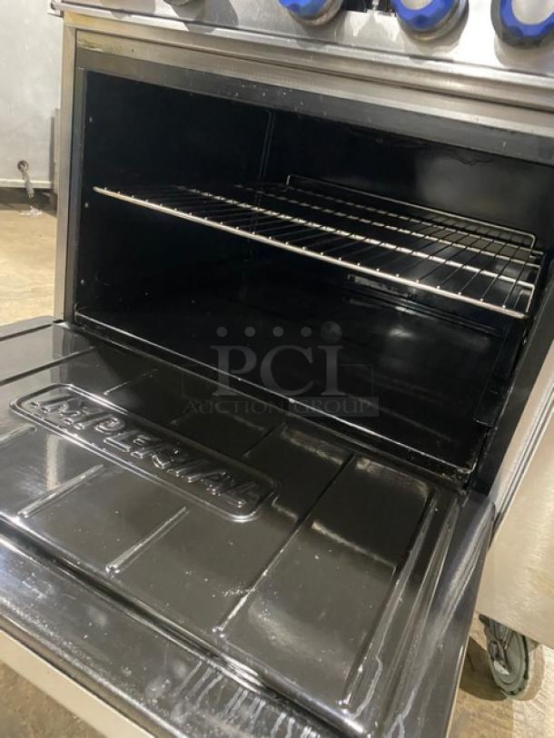 Imperial Commercial Stainless Steel Natural Gas Powered 6 Burner Range! With Full Size Oven Underneath! With Back Splash & Overhead Salamander Shelf! With Wire Oven Racks! On Casters! - Image 7 of 9