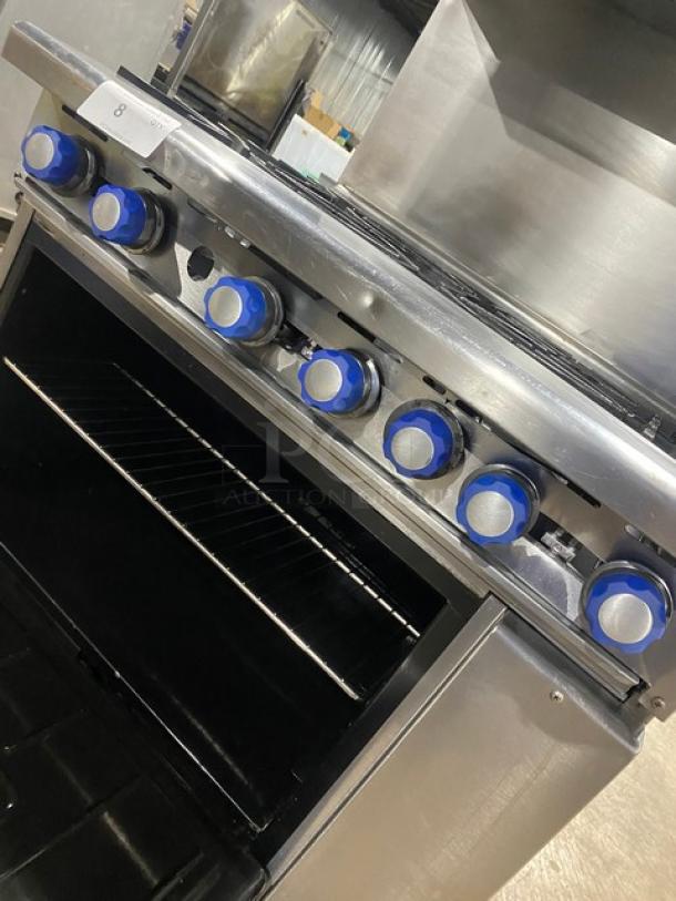 Imperial Commercial Stainless Steel Natural Gas Powered 6 Burner Range! With Full Size Oven Underneath! With Back Splash & Overhead Salamander Shelf! With Wire Oven Racks! On Casters! - Image 8 of 9