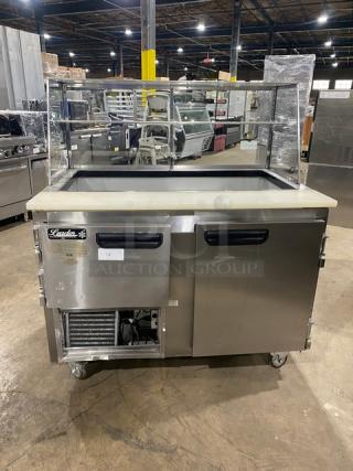 Leader Commercial Stainless Steel Refrigerated 2 Door Sandwich/Salad Prep Table! With Single Shelf Sneeze Guard! With Full Size Cutting Board! On Casters! 115V 1 Phase! Model: LM48 S/C SN: GX09S1105E!