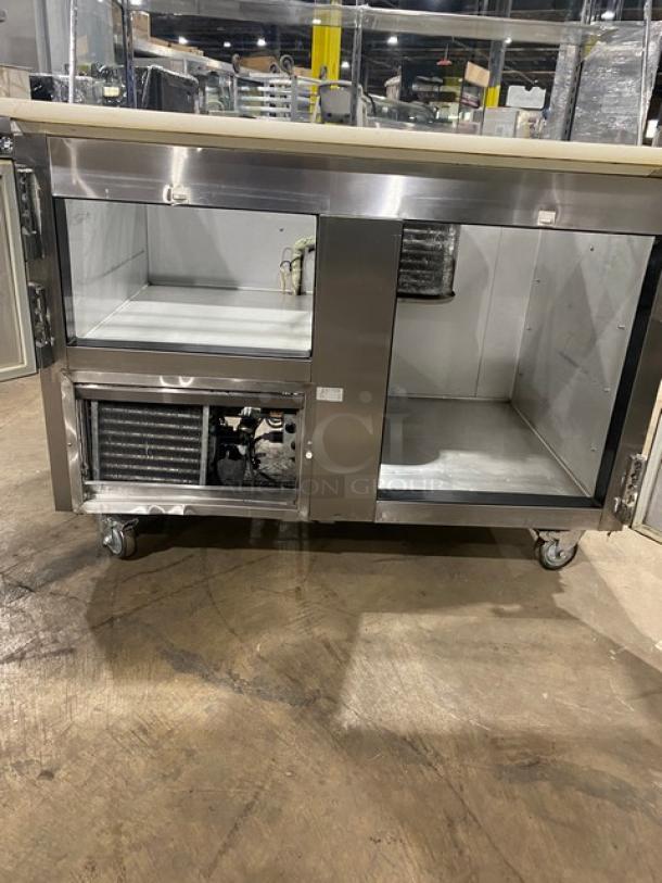Leader Commercial Stainless Steel Refrigerated 2 Door Sandwich/Salad Prep Table! With Single Shelf Sneeze Guard! With Full Size Cutting Board! On Casters! 115V 1 Phase! Model: LM48 S/C SN: GX09S1105E! - Image 7 of 10