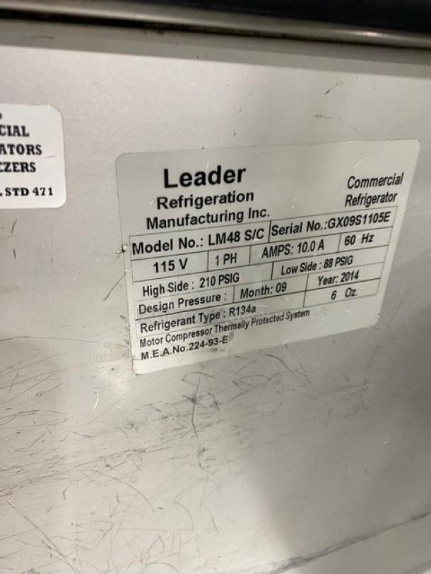 Leader Commercial Stainless Steel Refrigerated 2 Door Sandwich/Salad Prep Table! With Single Shelf Sneeze Guard! With Full Size Cutting Board! On Casters! 115V 1 Phase! Model: LM48 S/C SN: GX09S1105E! - Image 9 of 10