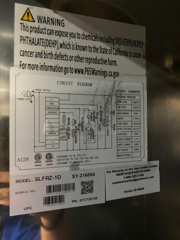 Wow! Sir Lawrence Commercial Stainless Steel Single Solid Door Reach In Freezer! With Poly Coated Wire Rack! Model: SLFRZ-1D SN: 6094171221060149! 115V! On Casters! Working When Removed! - Image 8 of 9