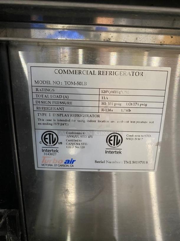 Turbo Air Commercial Black Low Profile Refrigerated Open Grab-N-Go Display Case/Merchandiser! With Stainless Steel Interior! Model: TOM-50LB SN: TML50197018! 120V 1 Phase! Working When Removed! - Image 6 of 7