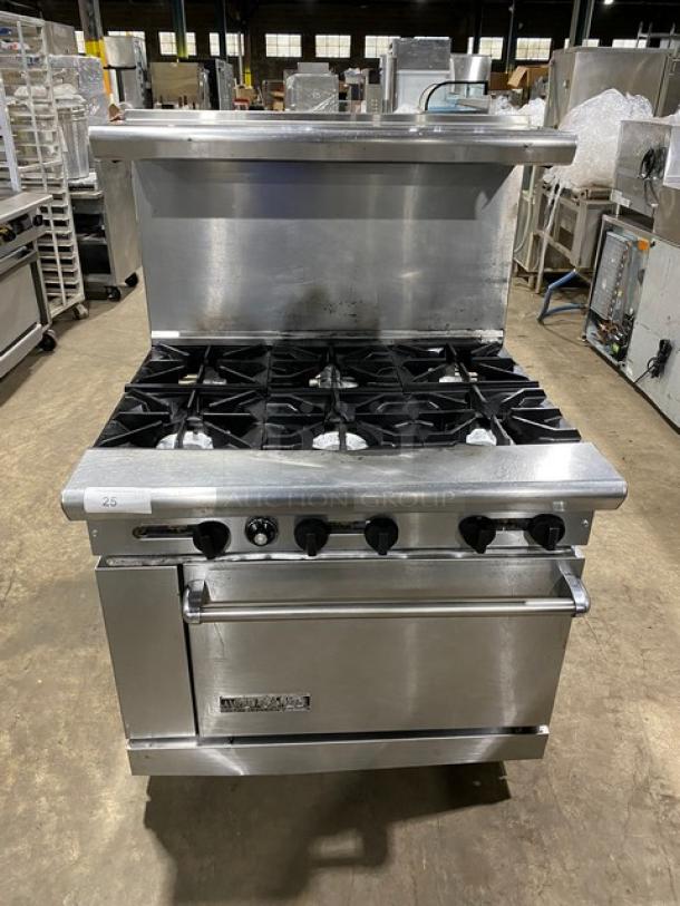 American Range Commercial Stainless Steel Natural Gas Powered 6 Burner Range! With Full Size Oven Underneath! With Back Splash & Overhead Salamander Shelf! With Wire Oven Rack! On Legs! - Image 1 of 9