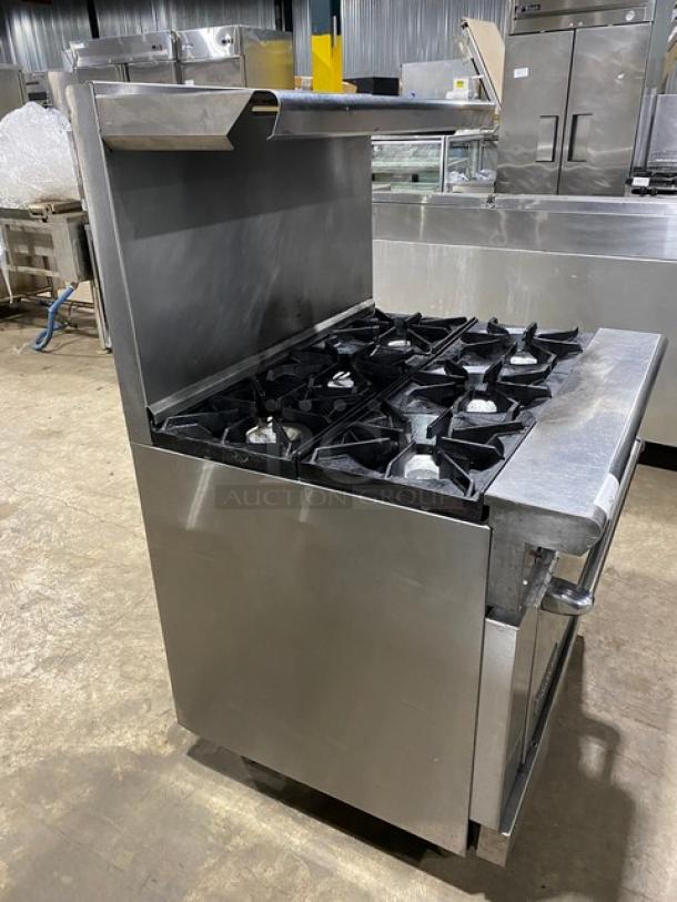 American Range Commercial Stainless Steel Natural Gas Powered 6 Burner Range! With Full Size Oven Underneath! With Back Splash & Overhead Salamander Shelf! With Wire Oven Rack! On Legs! - Image 2 of 9