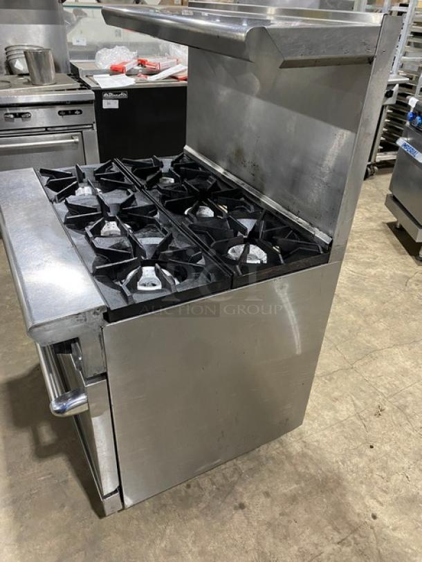 American Range Commercial Stainless Steel Natural Gas Powered 6 Burner Range! With Full Size Oven Underneath! With Back Splash & Overhead Salamander Shelf! With Wire Oven Rack! On Legs! - Image 3 of 9