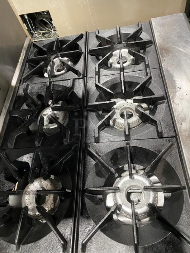 American Range Commercial Stainless Steel Natural Gas Powered 6 Burner Range! With Full Size Oven Underneath! With Back Splash & Overhead Salamander Shelf! With Wire Oven Rack! On Legs! - Image 5 of 9