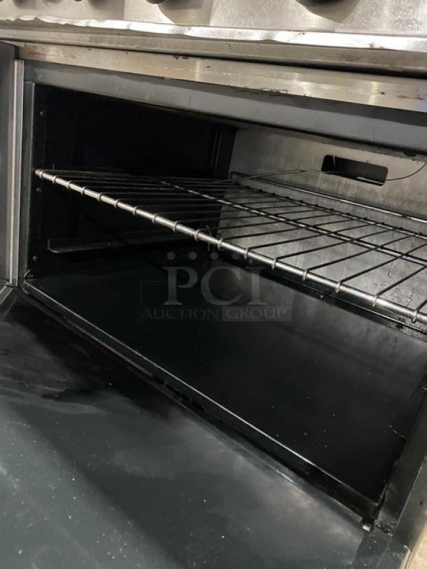 American Range Commercial Stainless Steel Natural Gas Powered 6 Burner Range! With Full Size Oven Underneath! With Back Splash & Overhead Salamander Shelf! With Wire Oven Rack! On Legs! - Image 7 of 9