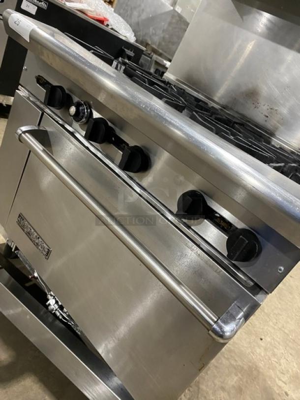American Range Commercial Stainless Steel Natural Gas Powered 6 Burner Range! With Full Size Oven Underneath! With Back Splash & Overhead Salamander Shelf! With Wire Oven Rack! On Legs! - Image 8 of 9