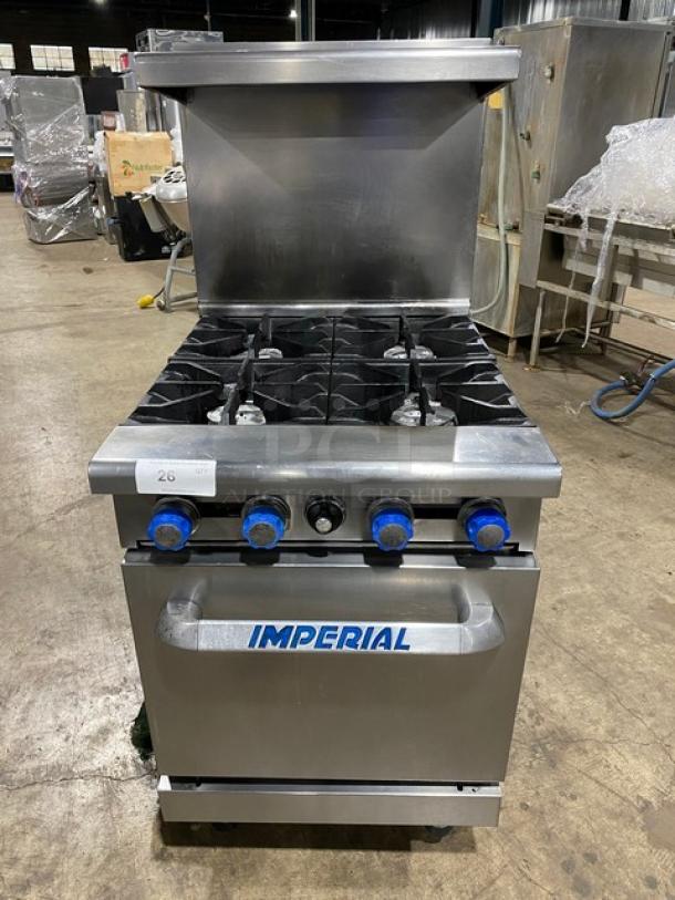 Imperial Commercial Stainless Steel Natural Gas Powered 4 Burner Range! With Full Size Oven Underneath! With Back Splash & Overhead Salamander Shelf! With Wire Oven Rack! On Legs! - Image 1 of 9