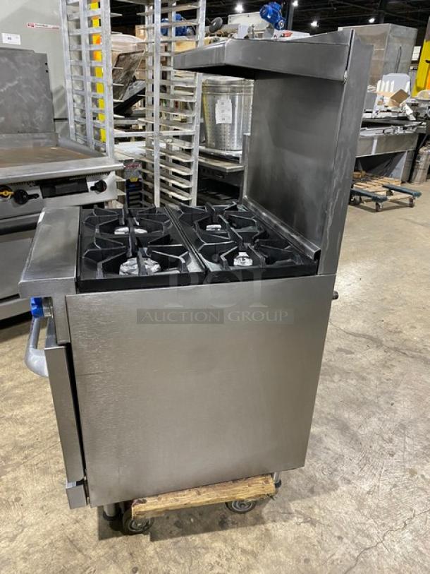 Imperial Commercial Stainless Steel Natural Gas Powered 4 Burner Range! With Full Size Oven Underneath! With Back Splash & Overhead Salamander Shelf! With Wire Oven Rack! On Legs! - Image 2 of 9