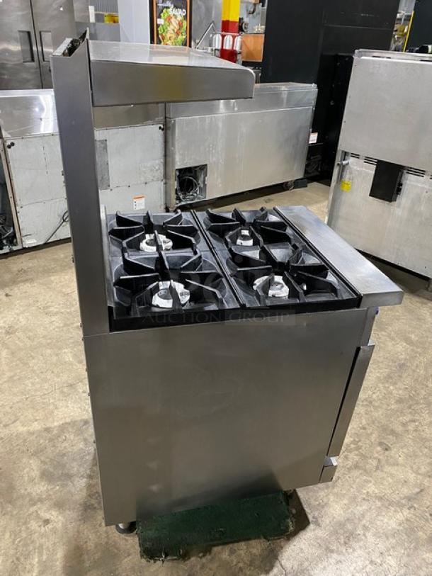 Imperial Commercial Stainless Steel Natural Gas Powered 4 Burner Range! With Full Size Oven Underneath! With Back Splash & Overhead Salamander Shelf! With Wire Oven Rack! On Legs! - Image 4 of 9