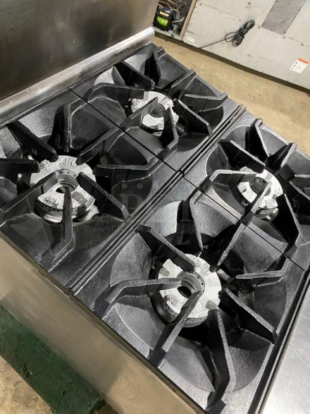 Imperial Commercial Stainless Steel Natural Gas Powered 4 Burner Range! With Full Size Oven Underneath! With Back Splash & Overhead Salamander Shelf! With Wire Oven Rack! On Legs! - Image 5 of 9