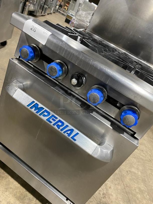 Imperial Commercial Stainless Steel Natural Gas Powered 4 Burner Range! With Full Size Oven Underneath! With Back Splash & Overhead Salamander Shelf! With Wire Oven Rack! On Legs! - Image 8 of 9