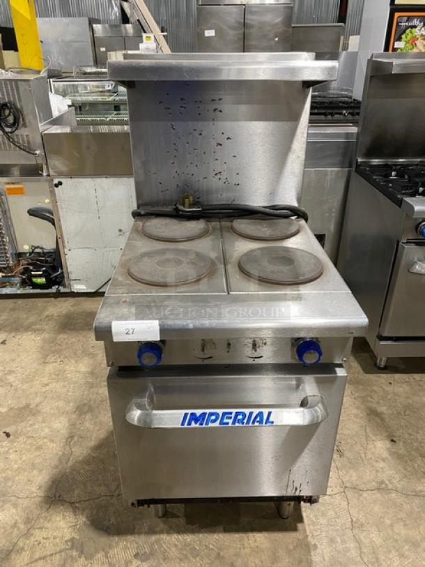 Imperial Commercial Stainless Steel Electric Powered 4 Burner Hot Plate Range! With Oven Underneath! With Back Splash & Overhead Salamander Shelf! With Wire Oven Rack! On Legs! - Image 1 of 10