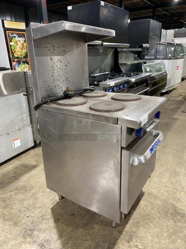Imperial Commercial Stainless Steel Electric Powered 4 Burner Hot Plate Range! With Oven Underneath! With Back Splash & Overhead Salamander Shelf! With Wire Oven Rack! On Legs! - Image 2 of 10