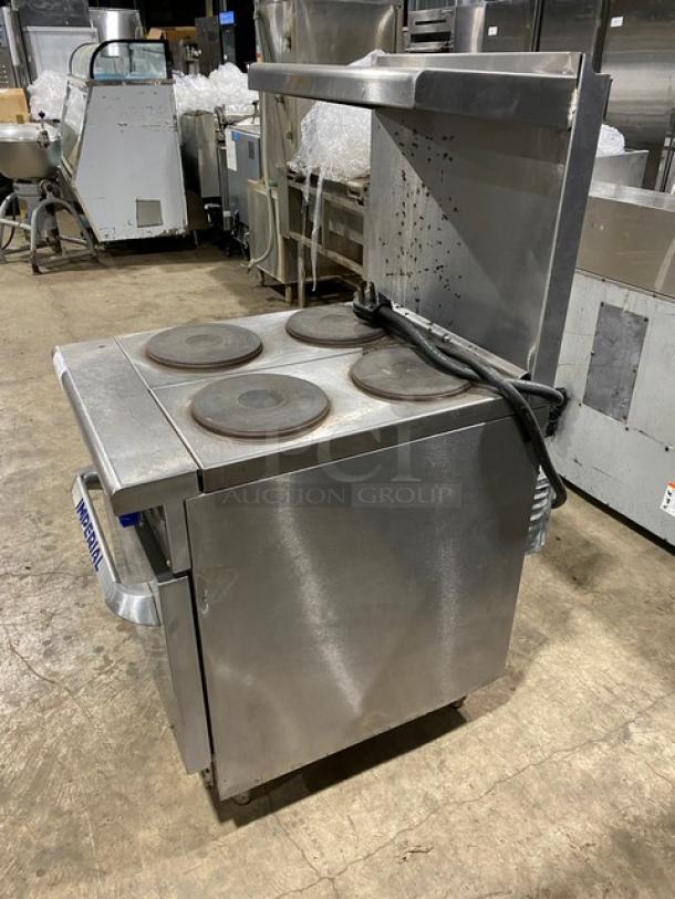 Imperial Commercial Stainless Steel Electric Powered 4 Burner Hot Plate Range! With Oven Underneath! With Back Splash & Overhead Salamander Shelf! With Wire Oven Rack! On Legs! - Image 3 of 10