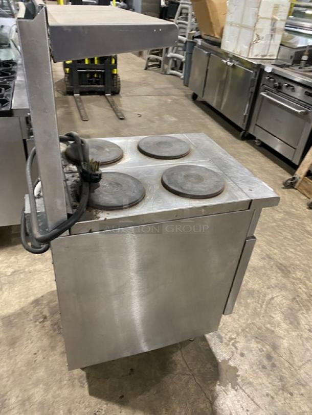 Imperial Commercial Stainless Steel Electric Powered 4 Burner Hot Plate Range! With Oven Underneath! With Back Splash & Overhead Salamander Shelf! With Wire Oven Rack! On Legs! - Image 5 of 10