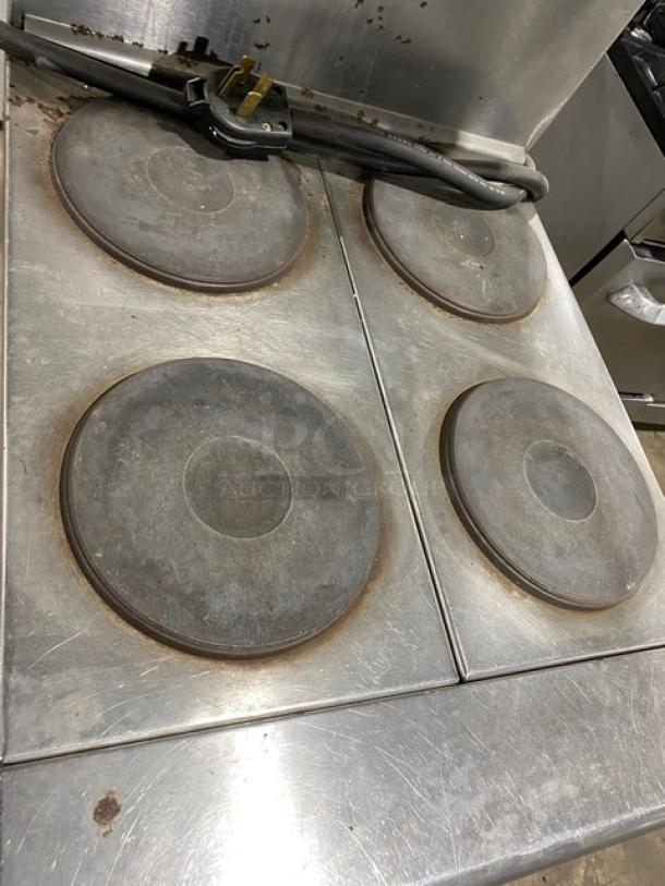 Imperial Commercial Stainless Steel Electric Powered 4 Burner Hot Plate Range! With Oven Underneath! With Back Splash & Overhead Salamander Shelf! With Wire Oven Rack! On Legs! - Image 6 of 10