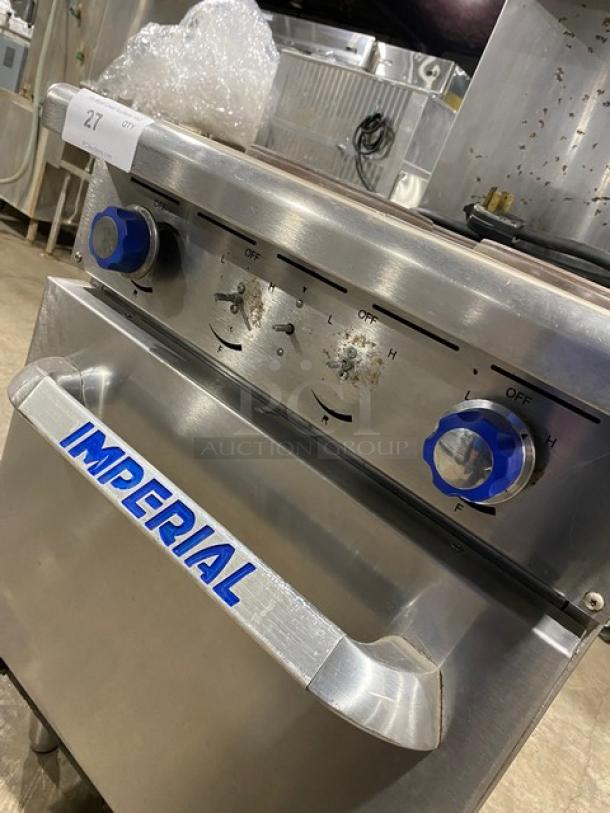 Imperial Commercial Stainless Steel Electric Powered 4 Burner Hot Plate Range! With Oven Underneath! With Back Splash & Overhead Salamander Shelf! With Wire Oven Rack! On Legs! - Image 9 of 10