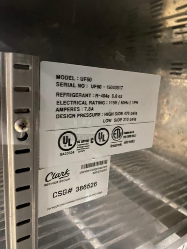 Clark Commercial Stainless Steel 2 Door Undercounter Lowboy/Worktop Freezer! With Poly Coated Wire Racks! On Casters! 115V 1 Phase! Model: UF60 SN: UF60-15040017! - Image 7 of 8