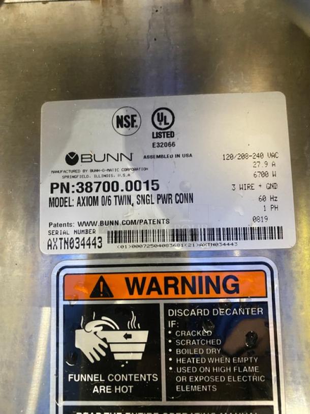 Bunn Commercial Stainless Steel Countertop Coffee Brewer! With 6 Warmers! With Hot Water Dispenser! On Legs! 120/208-240V 1 Phase! Model: AXIOM 0/6 TWIN SN: AXTN034443! - Image 5 of 10
