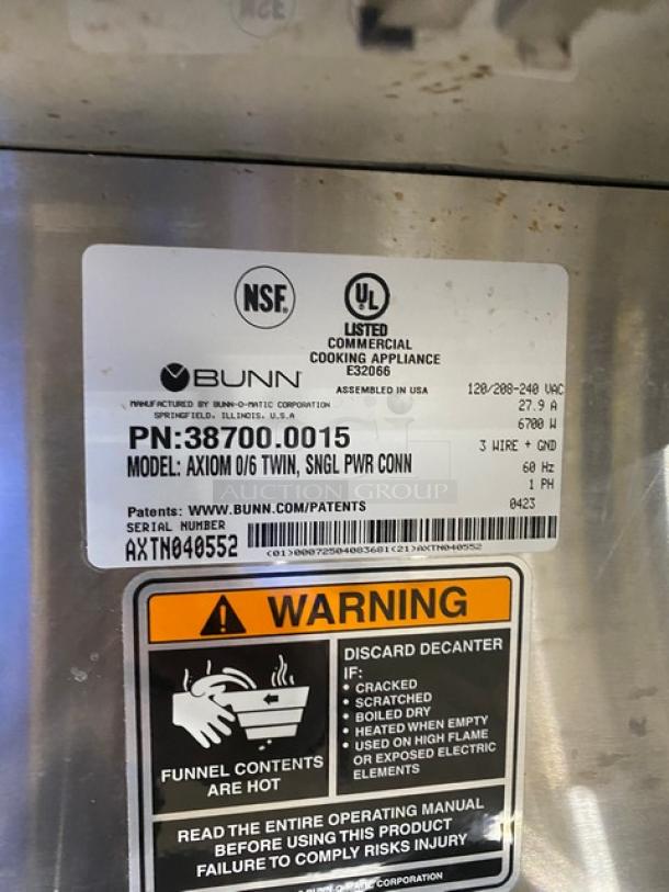 Bunn Commercial Stainless Steel Countertop Coffee Brewer! With 6 Warmers! With Hot Water Dispenser! On Legs! 120/208-240V 1 Phase! Model: AXIOM 0/6 TWIN SN: AXTN040552! - Image 5 of 8