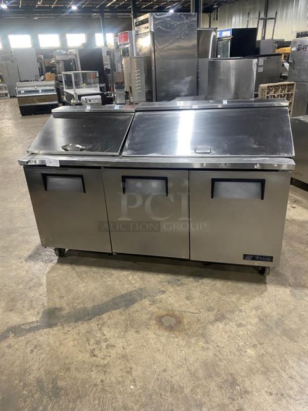 True Commercial Stainless Steel 3 Door Refrigerated Mega Top Salad/Sandwich Prep Table! With Poly Coated Wire Racks! On Casters! 115V 1 Phase! Model: TSSU-72-18 SN: 1-4477571! - Image 1 of 9