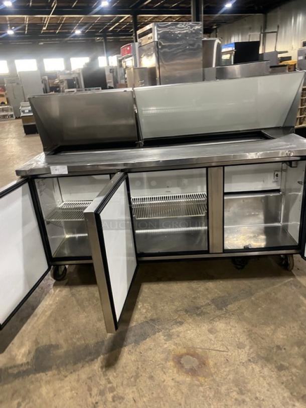 True Commercial Stainless Steel 3 Door Refrigerated Mega Top Salad/Sandwich Prep Table! With Poly Coated Wire Racks! On Casters! 115V 1 Phase! Model: TSSU-72-18 SN: 1-4477571! - Image 5 of 9