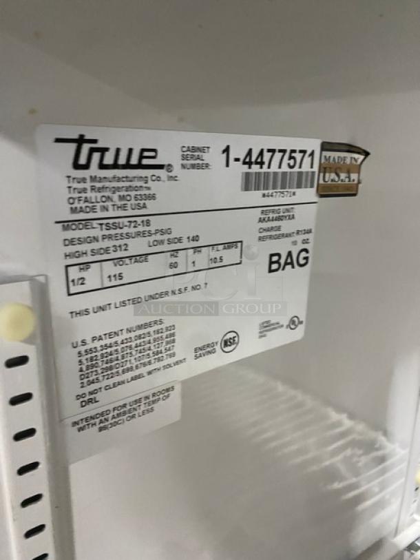 True Commercial Stainless Steel 3 Door Refrigerated Mega Top Salad/Sandwich Prep Table! With Poly Coated Wire Racks! On Casters! 115V 1 Phase! Model: TSSU-72-18 SN: 1-4477571! - Image 7 of 9