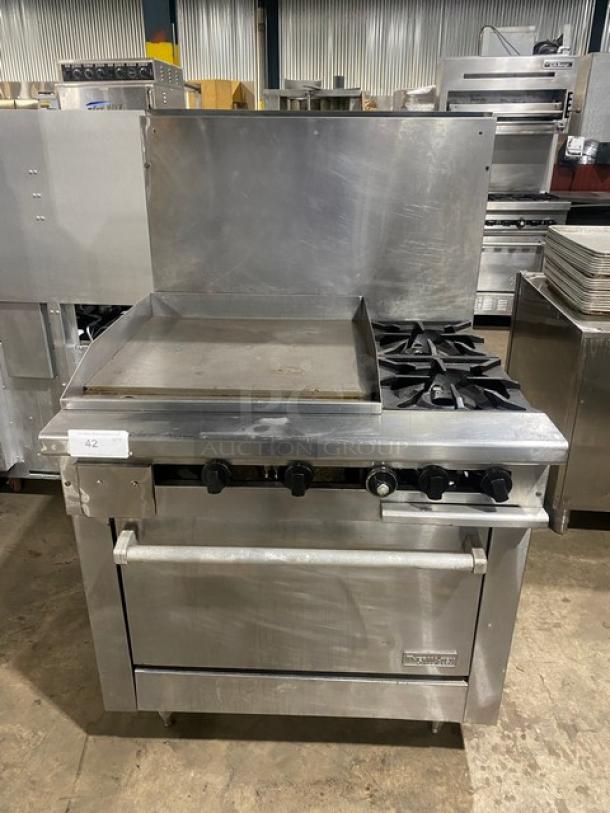 Therma-Tek Commercial Stainless Steel Natural Gas Powered 2 Burner Range Split Top With Flat Griddle! With Full Size Oven Underneath! With Back Splash! On Legs! Model: TMDS36-24G-2-1N SN: 11K02659C! - Image 1 of 10