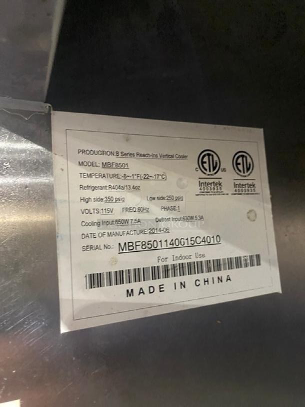 Atosa Commercial Stainless Steel Single Solid Door Reach In Freezer! With Poly Coated Wire Rack! On Casters! 115V 1 Phase! Model: MBF8501 SN: MBF8501140615C4010! - Image 7 of 9