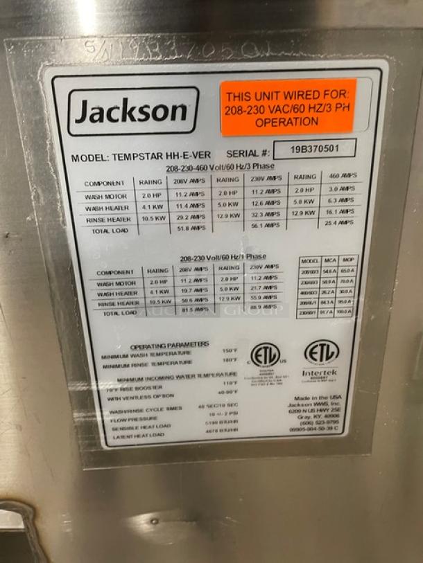 SWEET! LATE MODEL 2019! Jackson TempStar Series Commercial Stainless Steel Ventless High Hood Door Type High-Temp Dishwasher! With Electric Booster Heater! On Stand With Legs! 208-230-460V 3 Phase! Model: TEMPSTAR HH-E-VER SN: 19B370501! Working When Removed! - Image 8 of 11